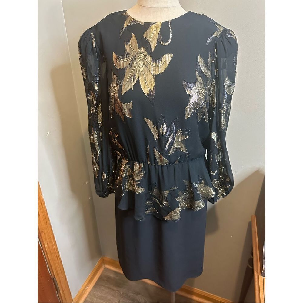 Vintage Patra Black and Gold Blouson Style Midi Cocktail Dress USA Made Size 12
